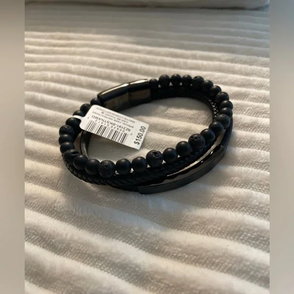 MEN'S ONYX&LAVA BEAD TRIPLE ROW BRAIDED LEATHER BRACELET BLACK ION-PLATED SS J47